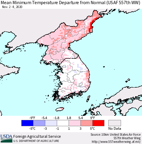 Korea Minimum Temperature Departure From Normal (USAF 557th WW) Thematic Map For 11/2/2020 - 11/8/2020