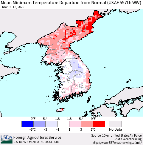 Korea Minimum Temperature Departure From Normal (USAF 557th WW) Thematic Map For 11/9/2020 - 11/15/2020