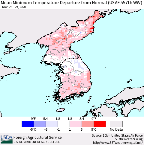 Korea Mean Minimum Temperature Departure from Normal (USAF 557th WW) Thematic Map For 11/23/2020 - 11/29/2020