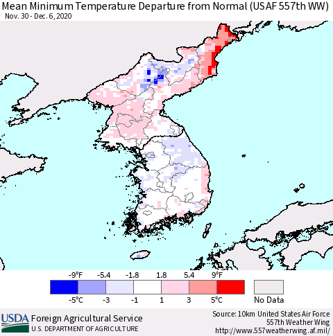 Korea Mean Minimum Temperature Departure from Normal (USAF 557th WW) Thematic Map For 11/30/2020 - 12/6/2020
