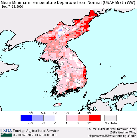 Korea Mean Minimum Temperature Departure from Normal (USAF 557th WW) Thematic Map For 12/7/2020 - 12/13/2020