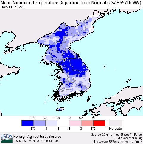 Korea Mean Minimum Temperature Departure from Normal (USAF 557th WW) Thematic Map For 12/14/2020 - 12/20/2020