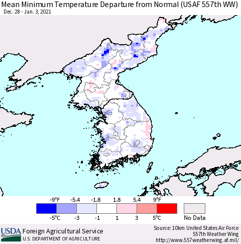 Korea Minimum Temperature Departure From Normal (USAF 557th WW) Thematic Map For 12/28/2020 - 1/3/2021