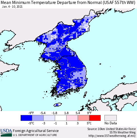 Korea Minimum Temperature Departure From Normal (USAF 557th WW) Thematic Map For 1/4/2021 - 1/10/2021