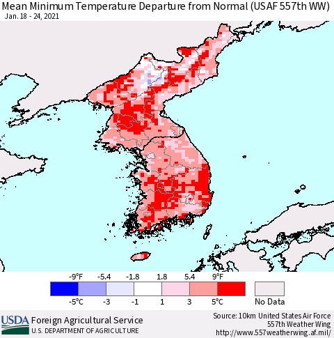 Korea Mean Minimum Temperature Departure from Normal (USAF 557th WW) Thematic Map For 1/18/2021 - 1/24/2021