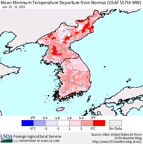 Korea Minimum Temperature Departure From Normal (USAF 557th WW) Thematic Map For 1/25/2021 - 1/31/2021
