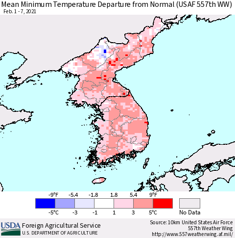 Korea Minimum Temperature Departure From Normal (USAF 557th WW) Thematic Map For 2/1/2021 - 2/7/2021