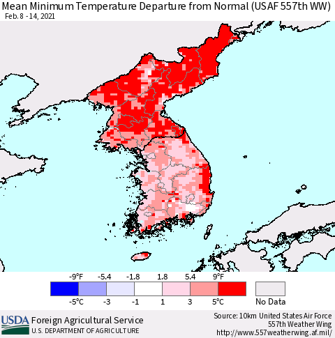 Korea Mean Minimum Temperature Departure from Normal (USAF 557th WW) Thematic Map For 2/8/2021 - 2/14/2021