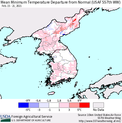 Korea Mean Minimum Temperature Departure from Normal (USAF 557th WW) Thematic Map For 2/15/2021 - 2/21/2021