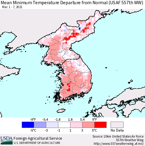Korea Minimum Temperature Departure From Normal (USAF 557th WW) Thematic Map For 3/1/2021 - 3/7/2021