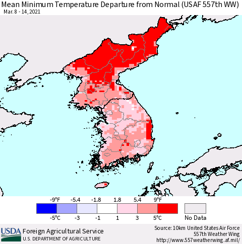 Korea Mean Minimum Temperature Departure from Normal (USAF 557th WW) Thematic Map For 3/8/2021 - 3/14/2021