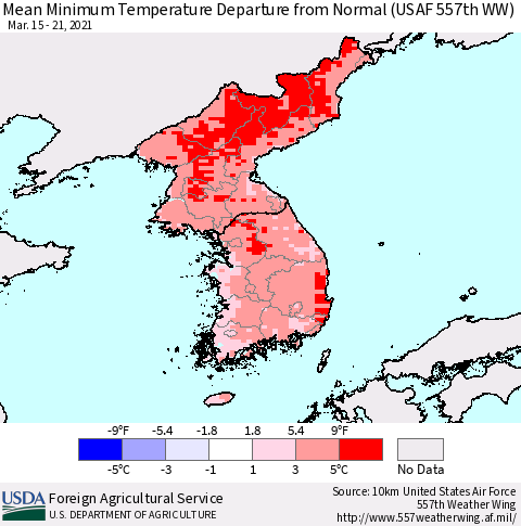 Korea Mean Minimum Temperature Departure from Normal (USAF 557th WW) Thematic Map For 3/15/2021 - 3/21/2021