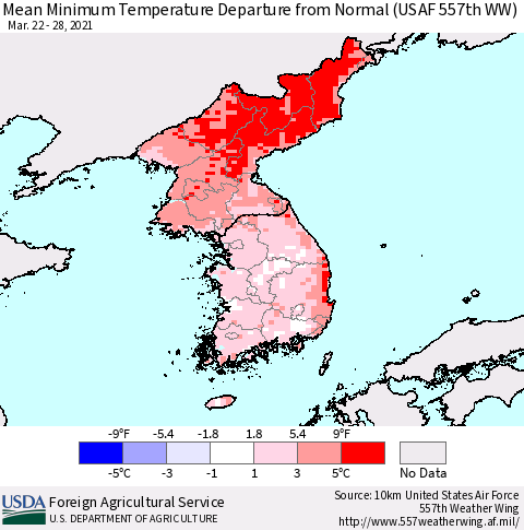 Korea Minimum Temperature Departure From Normal (USAF 557th WW) Thematic Map For 3/22/2021 - 3/28/2021