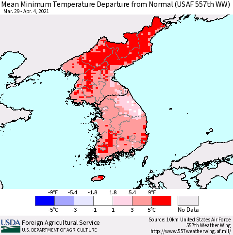Korea Minimum Temperature Departure From Normal (USAF 557th WW) Thematic Map For 3/29/2021 - 4/4/2021