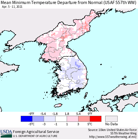 Korea Mean Minimum Temperature Departure from Normal (USAF 557th WW) Thematic Map For 4/5/2021 - 4/11/2021
