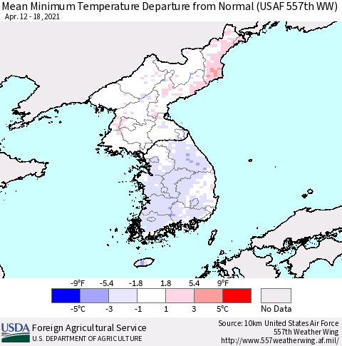 Korea Mean Minimum Temperature Departure from Normal (USAF 557th WW) Thematic Map For 4/12/2021 - 4/18/2021