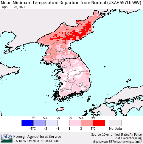 Korea Minimum Temperature Departure From Normal (USAF 557th WW) Thematic Map For 4/19/2021 - 4/25/2021