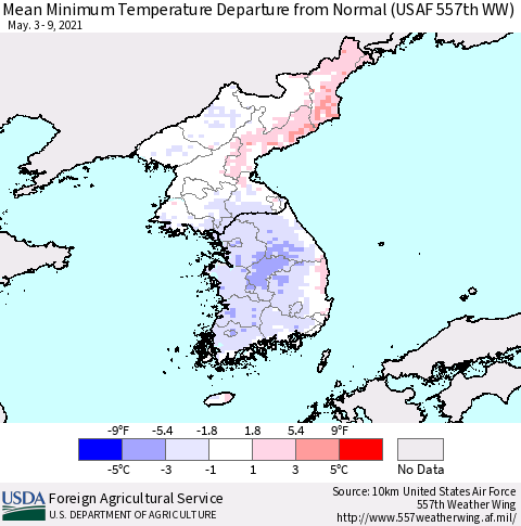 Korea Mean Minimum Temperature Departure from Normal (USAF 557th WW) Thematic Map For 5/3/2021 - 5/9/2021