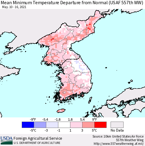 Korea Minimum Temperature Departure From Normal (USAF 557th WW) Thematic Map For 5/10/2021 - 5/16/2021