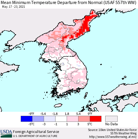 Korea Mean Minimum Temperature Departure from Normal (USAF 557th WW) Thematic Map For 5/17/2021 - 5/23/2021