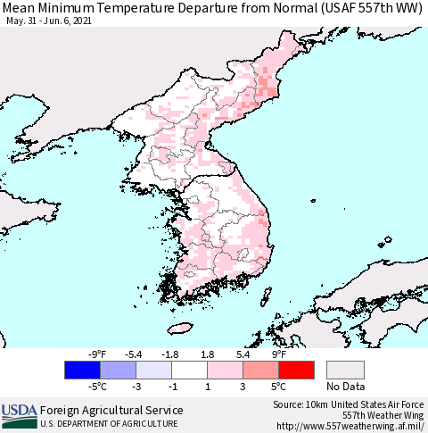 Korea Mean Minimum Temperature Departure from Normal (USAF 557th WW) Thematic Map For 5/31/2021 - 6/6/2021