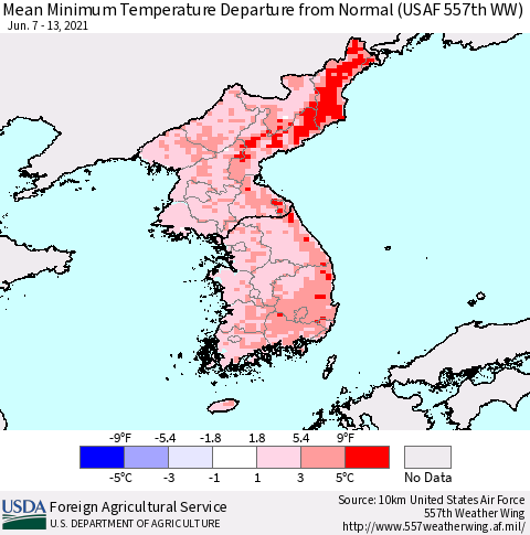 Korea Minimum Temperature Departure From Normal (USAF 557th WW) Thematic Map For 6/7/2021 - 6/13/2021
