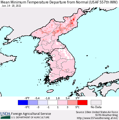 Korea Minimum Temperature Departure From Normal (USAF 557th WW) Thematic Map For 6/14/2021 - 6/20/2021