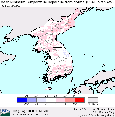 Korea Mean Minimum Temperature Departure from Normal (USAF 557th WW) Thematic Map For 6/21/2021 - 6/27/2021