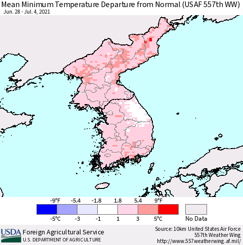 Korea Minimum Temperature Departure From Normal (USAF 557th WW) Thematic Map For 6/28/2021 - 7/4/2021