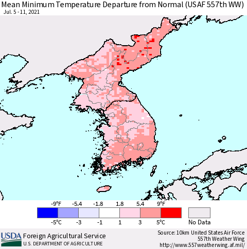 Korea Mean Minimum Temperature Departure from Normal (USAF 557th WW) Thematic Map For 7/5/2021 - 7/11/2021