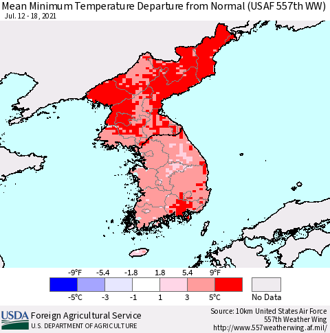 Korea Mean Minimum Temperature Departure from Normal (USAF 557th WW) Thematic Map For 7/12/2021 - 7/18/2021