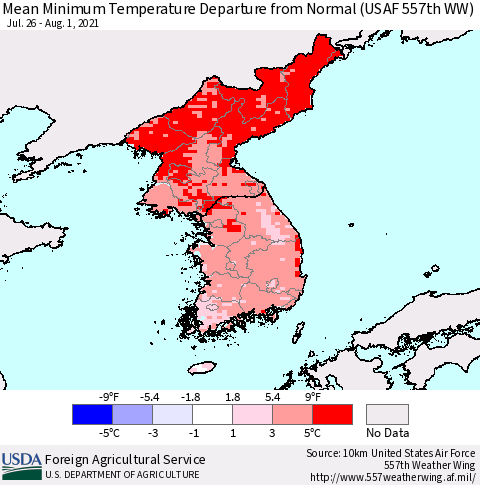 Korea Mean Minimum Temperature Departure from Normal (USAF 557th WW) Thematic Map For 7/26/2021 - 8/1/2021