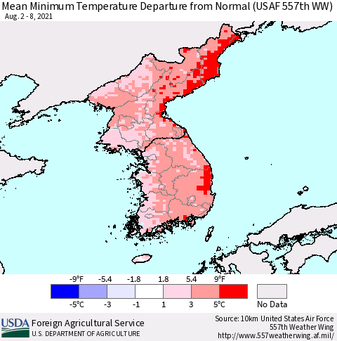 Korea Mean Minimum Temperature Departure from Normal (USAF 557th WW) Thematic Map For 8/2/2021 - 8/8/2021