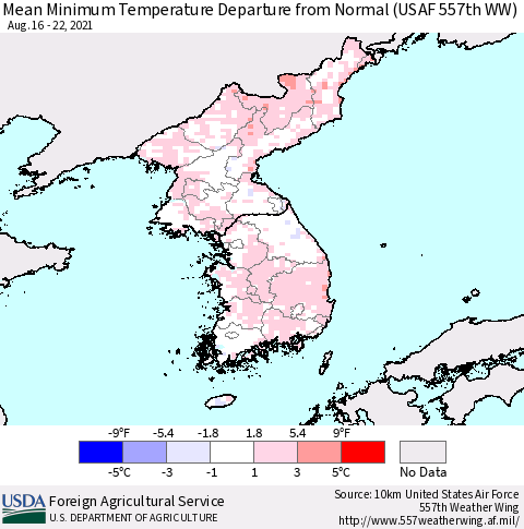 Korea Mean Minimum Temperature Departure from Normal (USAF 557th WW) Thematic Map For 8/16/2021 - 8/22/2021