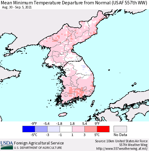 Korea Mean Minimum Temperature Departure from Normal (USAF 557th WW) Thematic Map For 8/30/2021 - 9/5/2021