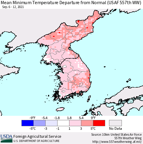 Korea Mean Minimum Temperature Departure from Normal (USAF 557th WW) Thematic Map For 9/6/2021 - 9/12/2021