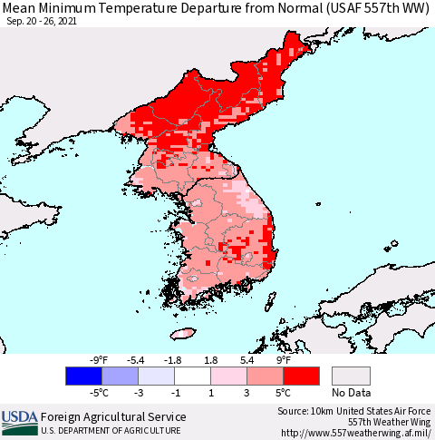 Korea Mean Minimum Temperature Departure from Normal (USAF 557th WW) Thematic Map For 9/20/2021 - 9/26/2021