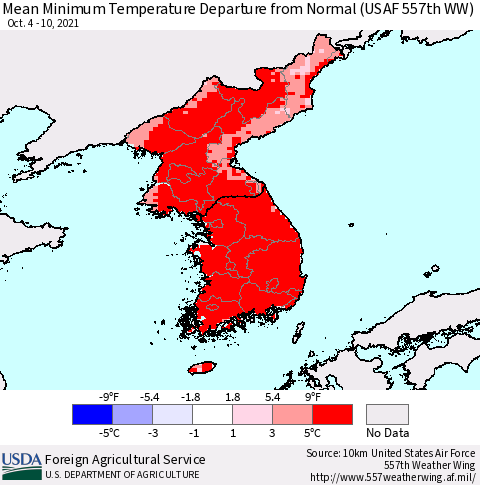 Korea Mean Minimum Temperature Departure from Normal (USAF 557th WW) Thematic Map For 10/4/2021 - 10/10/2021