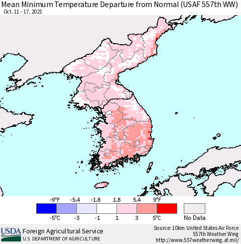 Korea Mean Minimum Temperature Departure from Normal (USAF 557th WW) Thematic Map For 10/11/2021 - 10/17/2021