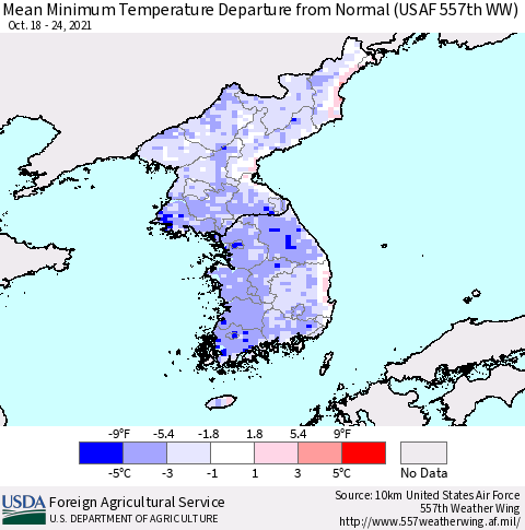 Korea Mean Minimum Temperature Departure from Normal (USAF 557th WW) Thematic Map For 10/18/2021 - 10/24/2021