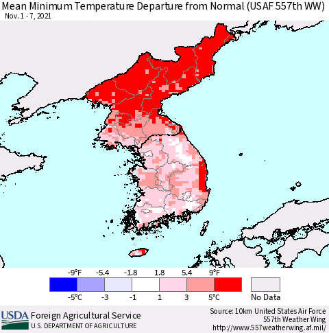 Korea Mean Minimum Temperature Departure from Normal (USAF 557th WW) Thematic Map For 11/1/2021 - 11/7/2021