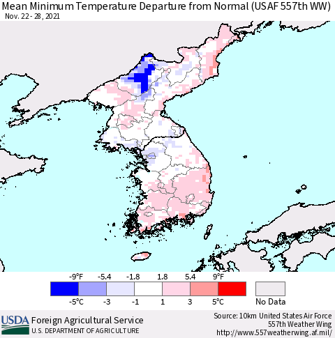 Korea Mean Minimum Temperature Departure from Normal (USAF 557th WW) Thematic Map For 11/22/2021 - 11/28/2021