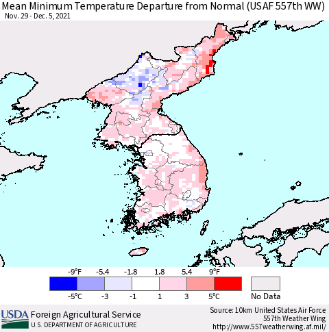 Korea Mean Minimum Temperature Departure from Normal (USAF 557th WW) Thematic Map For 11/29/2021 - 12/5/2021
