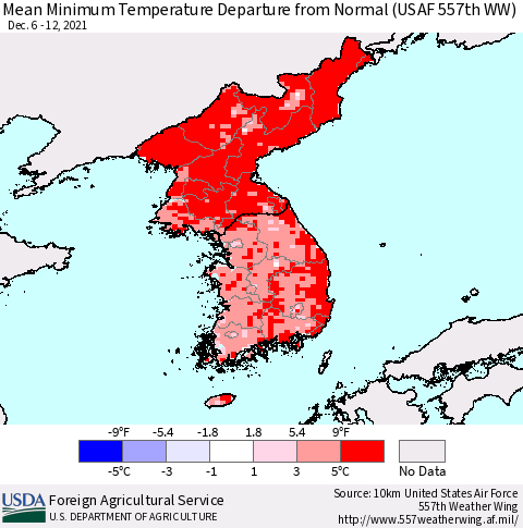 Korea Mean Minimum Temperature Departure from Normal (USAF 557th WW) Thematic Map For 12/6/2021 - 12/12/2021