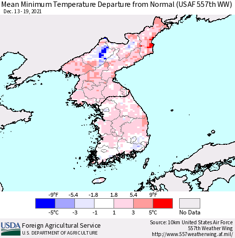 Korea Mean Minimum Temperature Departure from Normal (USAF 557th WW) Thematic Map For 12/13/2021 - 12/19/2021