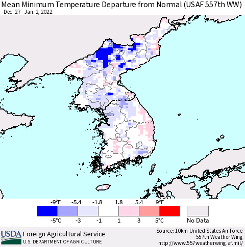 Korea Mean Minimum Temperature Departure from Normal (USAF 557th WW) Thematic Map For 12/27/2021 - 1/2/2022