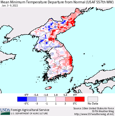Korea Mean Minimum Temperature Departure from Normal (USAF 557th WW) Thematic Map For 1/3/2022 - 1/9/2022