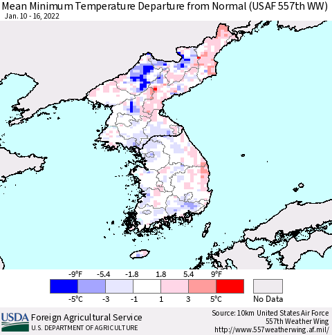Korea Mean Minimum Temperature Departure from Normal (USAF 557th WW) Thematic Map For 1/10/2022 - 1/16/2022