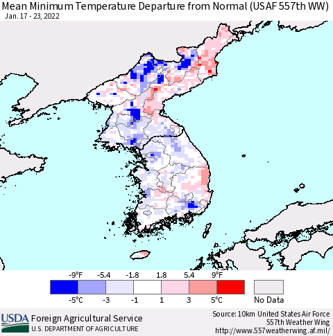 Korea Mean Minimum Temperature Departure from Normal (USAF 557th WW) Thematic Map For 1/17/2022 - 1/23/2022