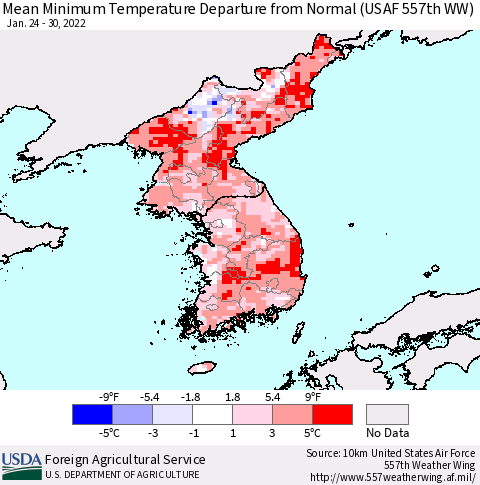 Korea Mean Minimum Temperature Departure from Normal (USAF 557th WW) Thematic Map For 1/24/2022 - 1/30/2022